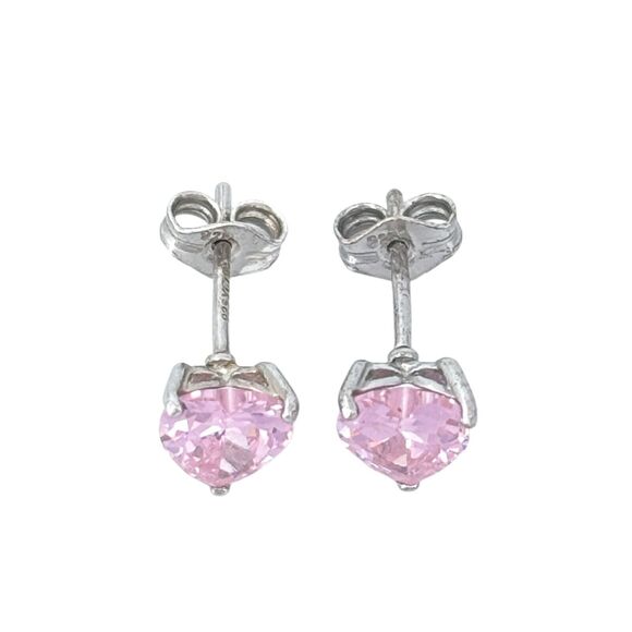 Vintage Sterling Silver 925 6.5mm Pink Heart Cubic Zirconia Stud Earrings - Picture 4 of 6
